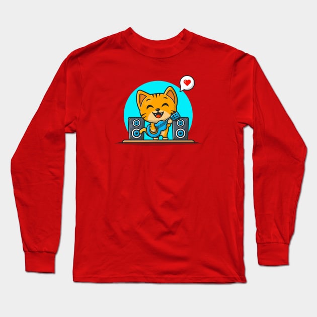 Cute Cat Playing Guitar Cartoon Vector Icon Illustration Long Sleeve T-Shirt by Catalyst Labs